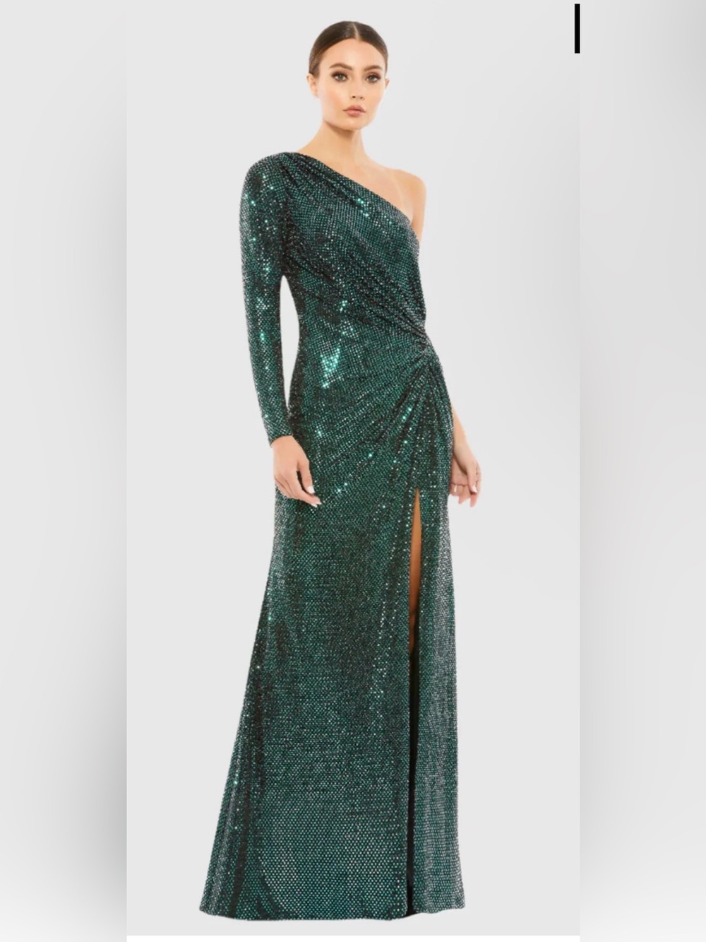 Mac Duggal One-Shoulder Emerald Sequin Gown